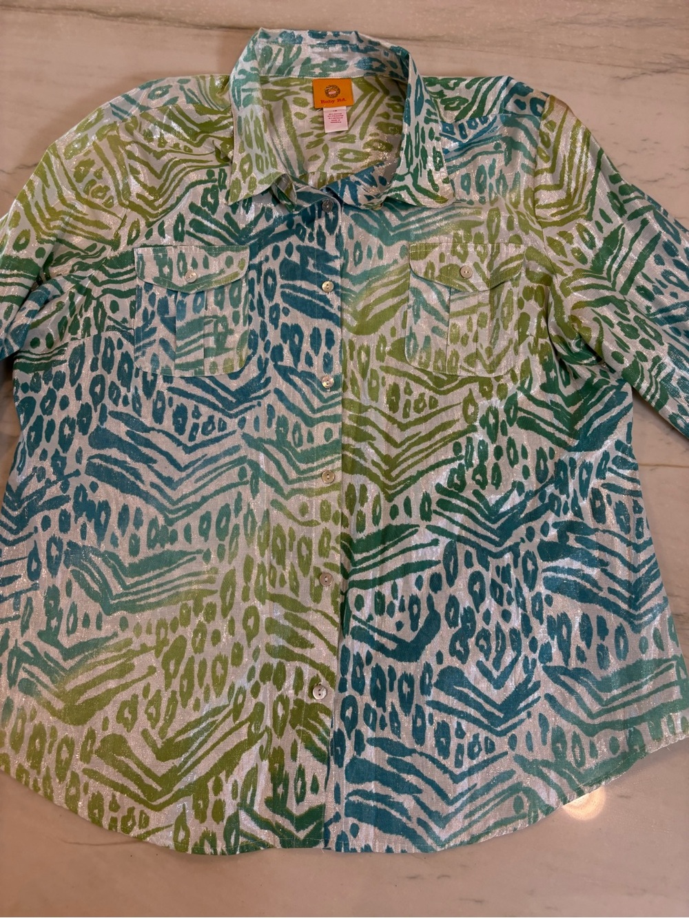 Ruby Rd. Blue and Green Print Button-Down Shirt